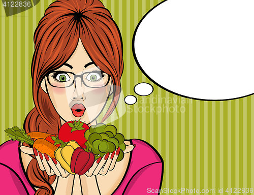 Image of Surprised pop art  woman that holds vegetables  in her hands . C