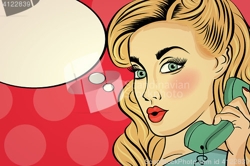 Image of Surprised pop art woman chatting on retro phone . Comic woman wi