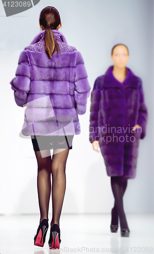 Image of winter fashion elegant Two Woman clothes in mink fur purple coat