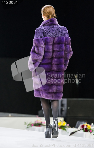 Image of winter fashion elegant Woman clothes in mink fur purple coat