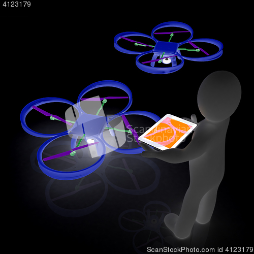 Image of 3d white people. Man flying a white drone with camera. 3D render