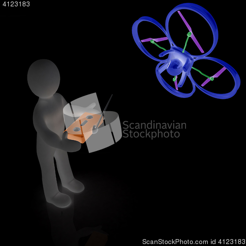 Image of 3d man with drone, quadrocopter, with photo camera. 3d render. 3