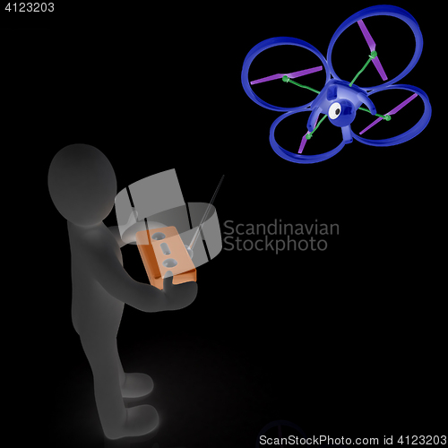 Image of 3d man with drone, quadrocopter, with photo camera. 3d render. 3