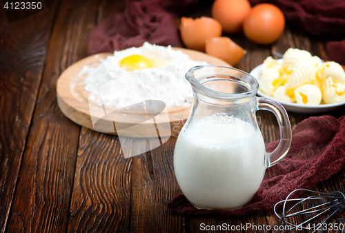 Image of flour,milk, butter and eggs