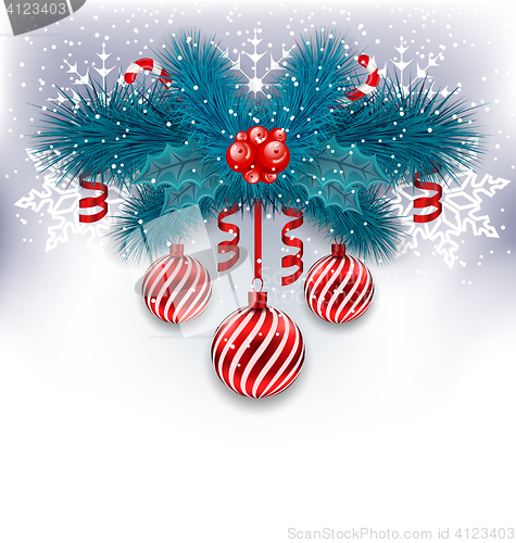 Image of Christmas background with fir branches, glass balls and sweet ca