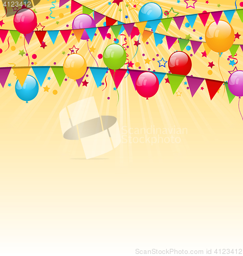 Image of Holiday background with colorful balloons, hanging flags and con