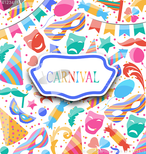 Image of Festive postcard with carnival colorful icons and objects