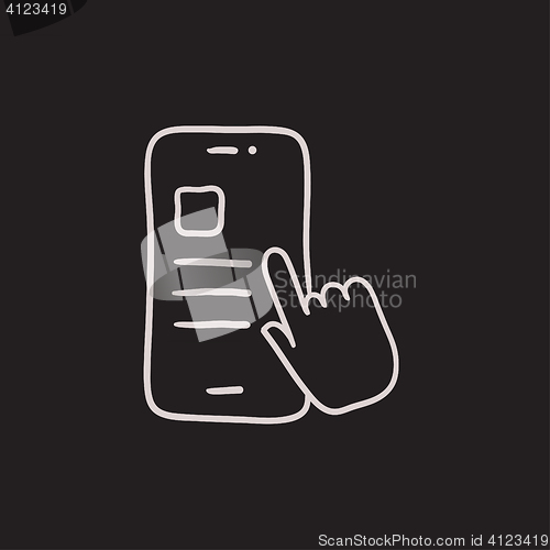 Image of Finger touching smartphone sketch icon.