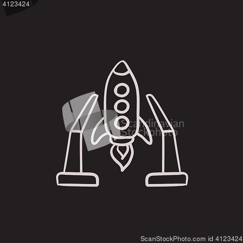 Image of Space shuttle on take-off area sketch icon.