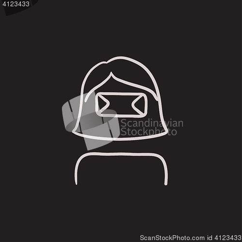 Image of Woman wearing virtual reality headset sketch icon.