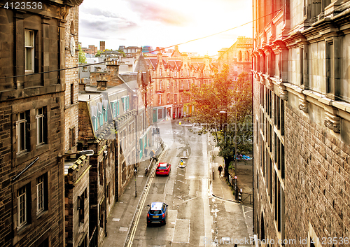 Image of Street view of Edinburgh in sunset