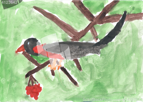 Image of A child drawing of bird sitting on branch of Rowan