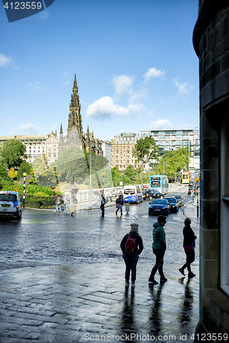 Image of Street view of Edinburgh city after rain