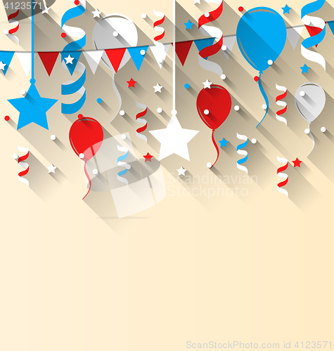 Image of American patriotic background with balloons, streamer, stars and