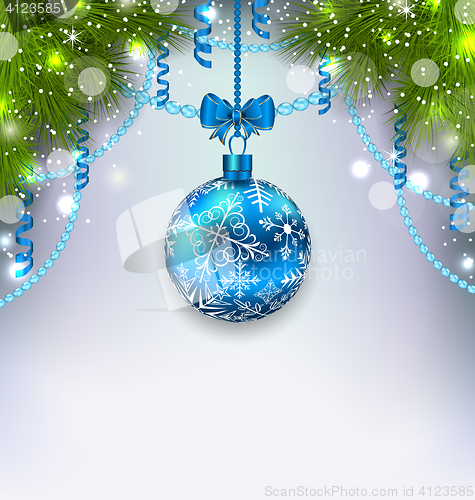Image of Christmas glass ball, fir branches, streamer, copy space for you