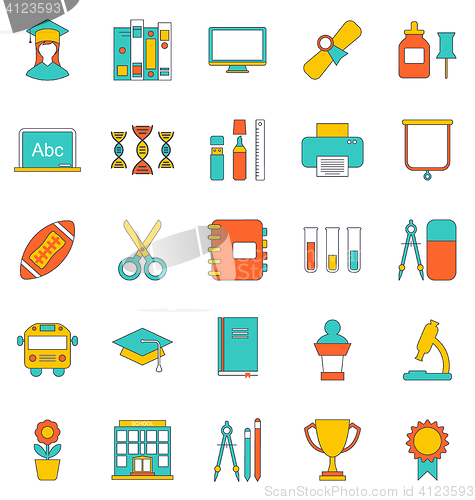 Image of Set Flat Line Icons of School Equipment and Tools