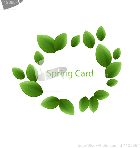 Image of Spring freshness card made in eco green leaves, isolated on whit