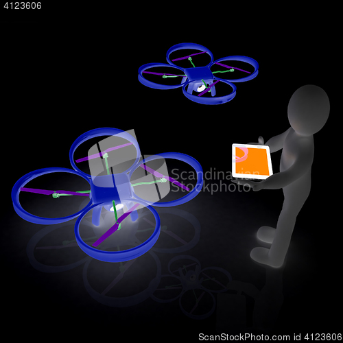 Image of 3d white people. Man flying a white drone with camera. 3D render