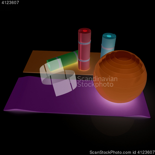 Image of karemat and fitness ball. 3D illustration