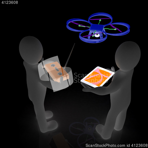 Image of 3d white people. Man flying a white drone with camera. 3D render