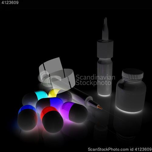 Image of Syringe, tablet, pill jar. 3D illustration