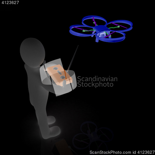 Image of 3d man with drone, quadrocopter, with photo camera. 3d render. 3