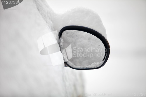 Image of rearview mirror covered with snow