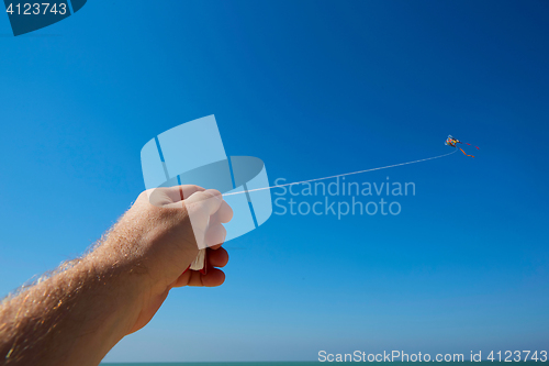 Image of Male hand holding strings with a kite in sky