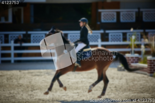 Image of Equestrian Sports. Horse Jumping. Show. Photo blurred on purpose