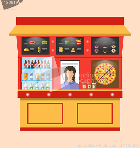 Image of Showcase Shop of Fast Food with Seller