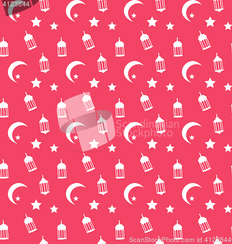 Image of Islamic Seamless Pattern with Arabic Lamps, Crescents and Stars