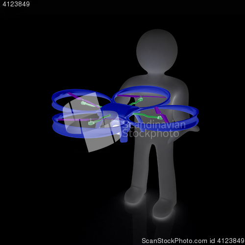 Image of 3d man with drone, quadrocopter, with photo camera. 3d render. 3