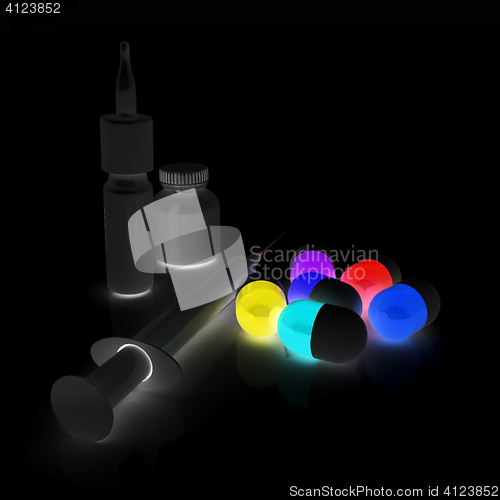 Image of Syringe, tablet, pill jar. 3D illustration