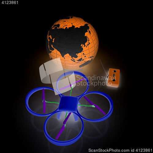 Image of Quadrocopter Drone with Earth Globe and remote controller on a w