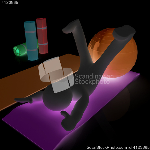 Image of 3d man on a karemat with fitness ball. 3D illustration