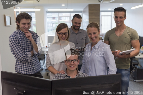 Image of group of young startup business people standing as team