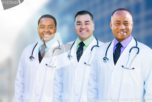 Image of African American and Hispanic Male Doctors Outside of Hospital B