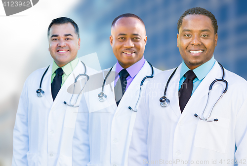 Image of African American and Hispanic Male Doctors Outside of Hospital B