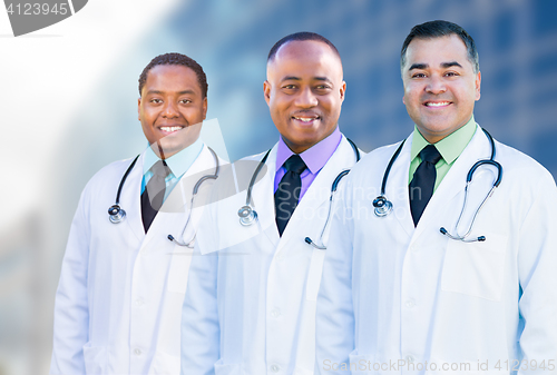 Image of African American and Hispanic Male Doctors Outside of Hospital B