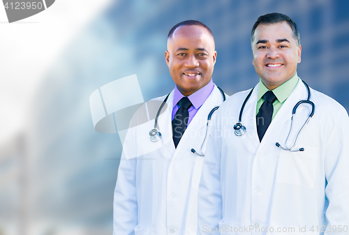 Image of African American and Hispanic Male Doctors Outside of Hospital B