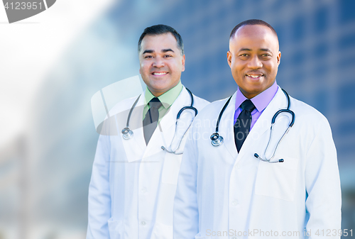 Image of African American and Hispanic Male Doctors Outside of Hospital B