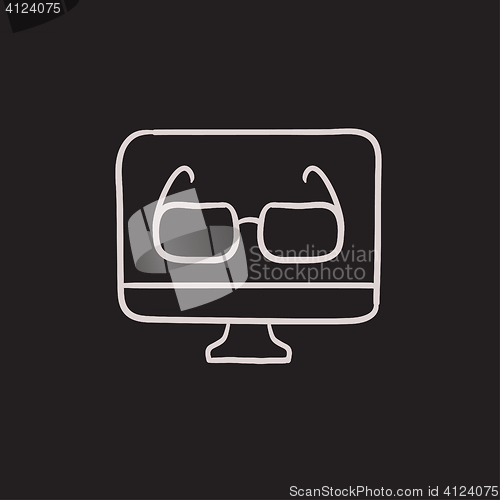 Image of Glasses on computer monitor sketch icon.