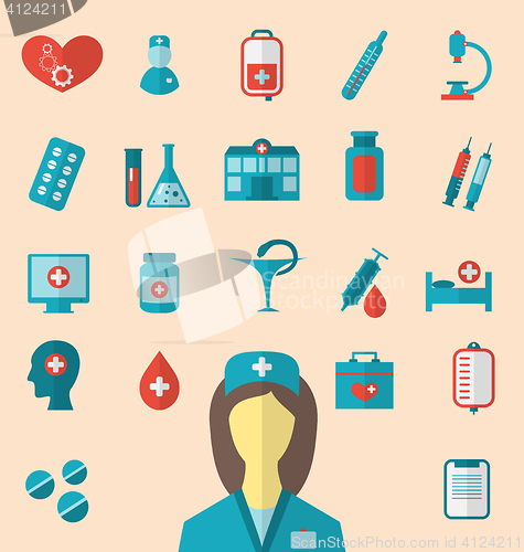 Image of Set trendy flat icons of medical elements and nurse