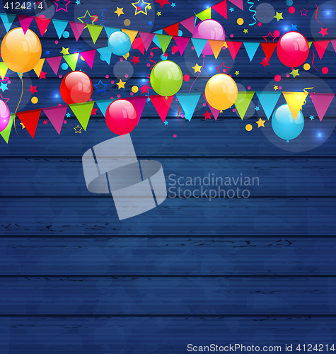 Image of Wooden holiday background with multicolored  balloons and hangin