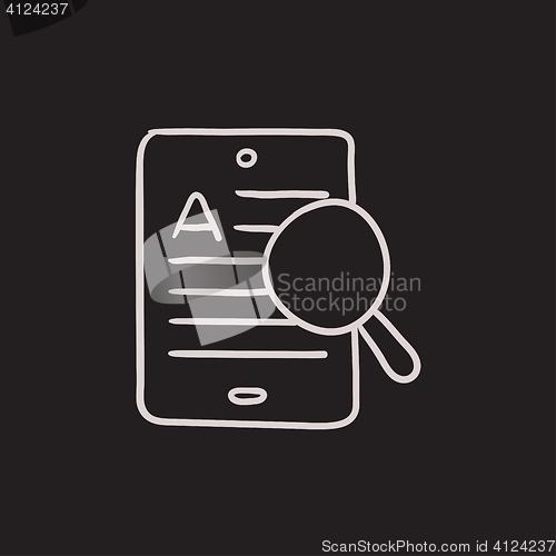 Image of Tablet and magnifying glass sketch icon.