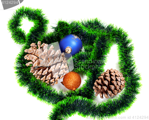 Image of Green Christmas tinsel, Christmas-tree balls and big pine cones