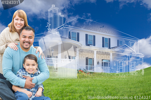 Image of Young Mixed Race Family and Ghosted House Drawing on Grass