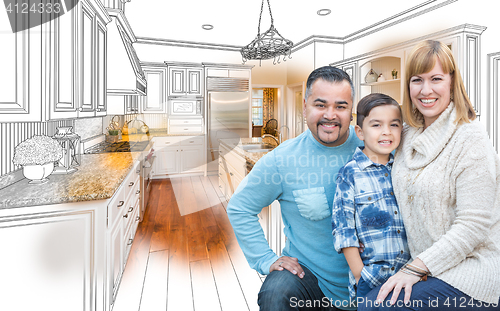 Image of Young Mixed Race Family Over Kitchen Drawing with Photo Combinat