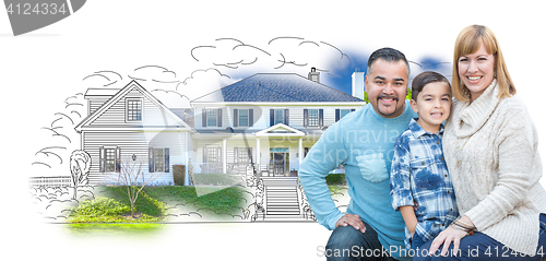 Image of Young Mixed Race Family and Ghosted House Drawing
