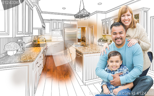Image of Young Mixed Race Family Over Kitchen Drawing with Photo Combinat